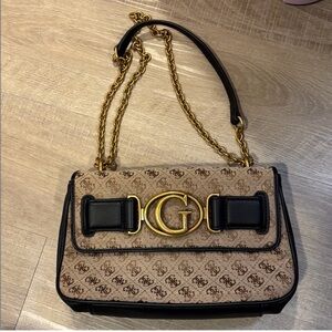 Guess Tan and Black Shoulder Bag with Gold Accents